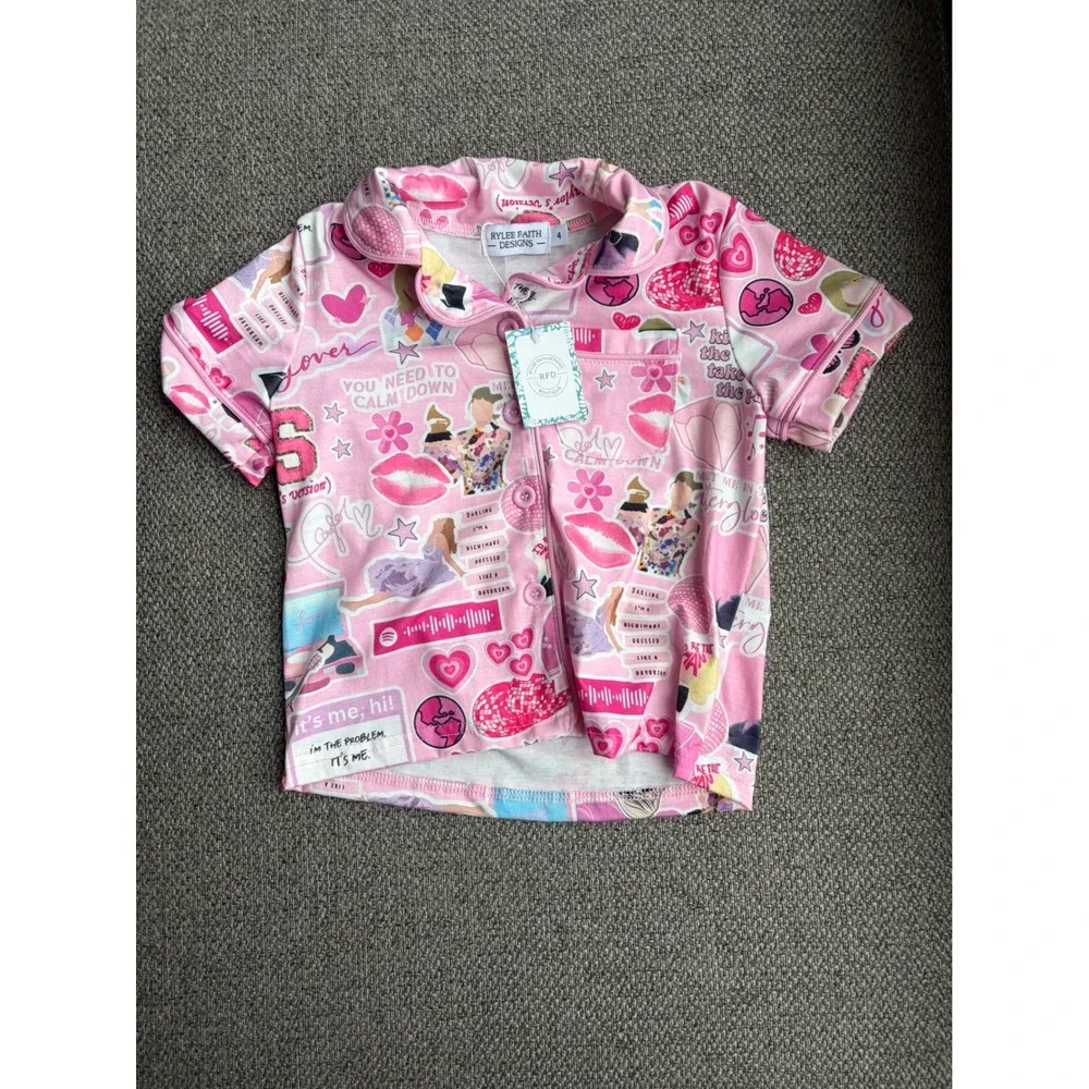 Rylee Faith Designs Kids Pink Swiftie Inspired Pajama Set‎ Size 4 NWT